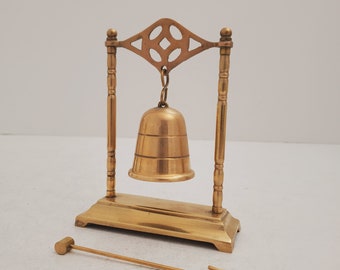 Mid Century Hanging Brass Bell and Mallet - Vintage Brass Bell Stand with Mallet for Ringing - Hanging Bell Brass Vintage