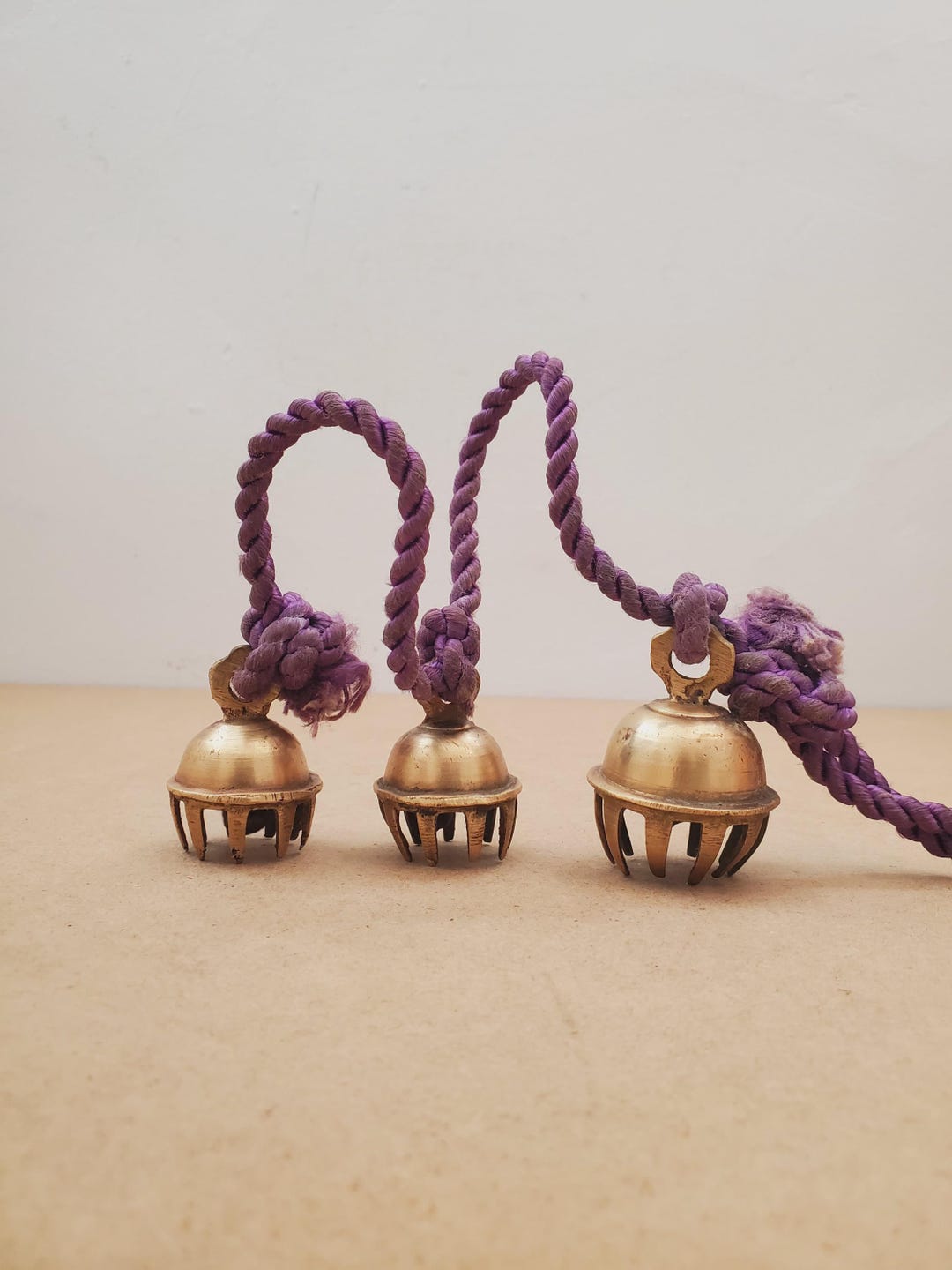 Vintage Brass Bells on a Rope, 3 Handmade Jingle Bells, Rustic Decor ...