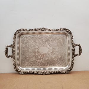 Embossed Silver Plated Tray Rectangular Handled Service Ornate Tray French Cottage Victorian Style Home Decor Dinner Wedding Organizer