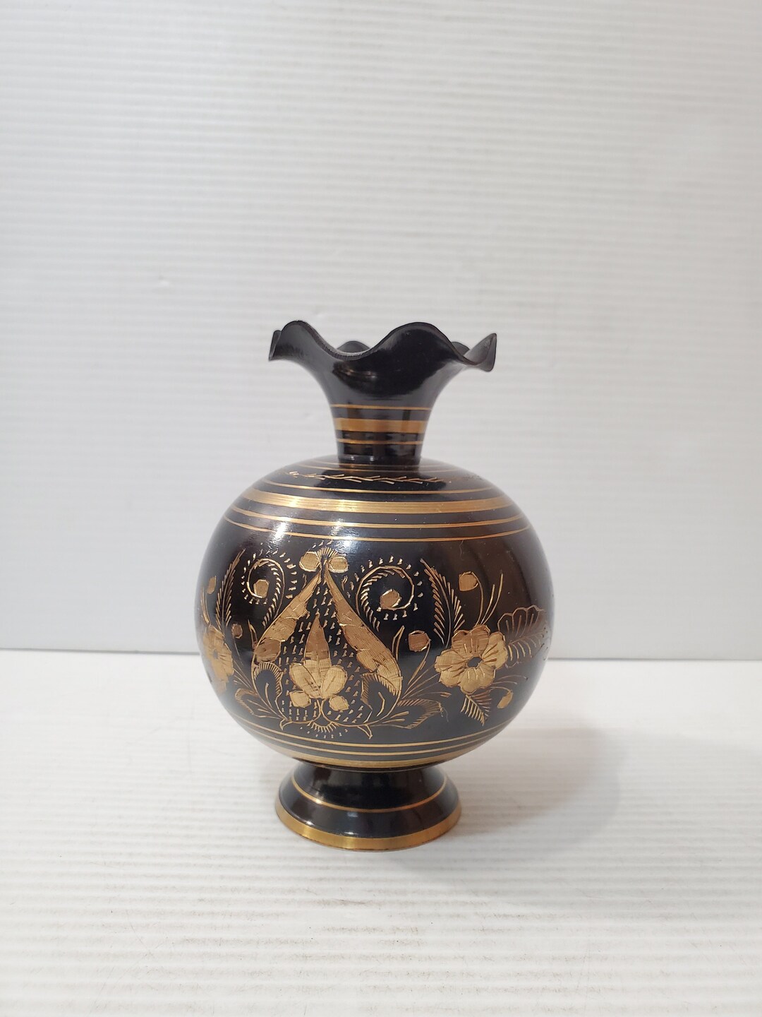 Vintage Etched Brass Vase With Flowers Design Etsy