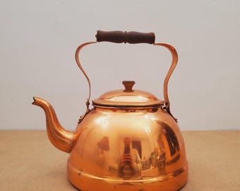 Vintage Copper Kettle with Brass & Wood Handle Antique Copper Kettle/Teapot Rustic Décor-Farmhouse Décor - Made in Portugal Home and Kitchen