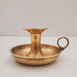 Vintage Brass Candle Holder - Brass Candlestick Holder - Brass Chamberstick - Candle Holder with Finger Hole - Vintage Taper Candlestick