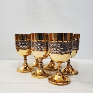 Vintage Brass Goblet Chalice Wine Cup Modern Mid Century Metal Glasses Stemware Hollywood Regency Barware Decor Boho Dinner Party