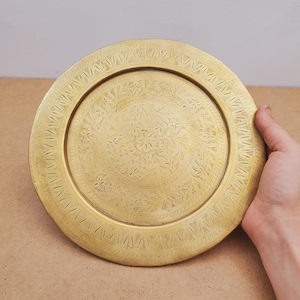 Vintage Brass Tray , brass Tray , Serving Tray , Round Tray , Serving Tray , Boho Gift , Bohemian hand made plate - Etched Tray