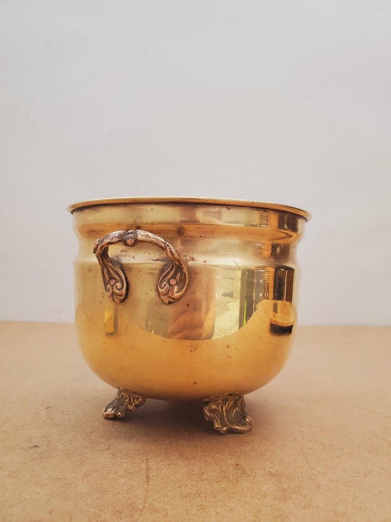 May include: A polished brass planter with decorative handles and feet. The round pot has a wide opening and a curved body. The handles and feet feature detailed, ornate designs. The planter is empty and sits on a neutral surface.