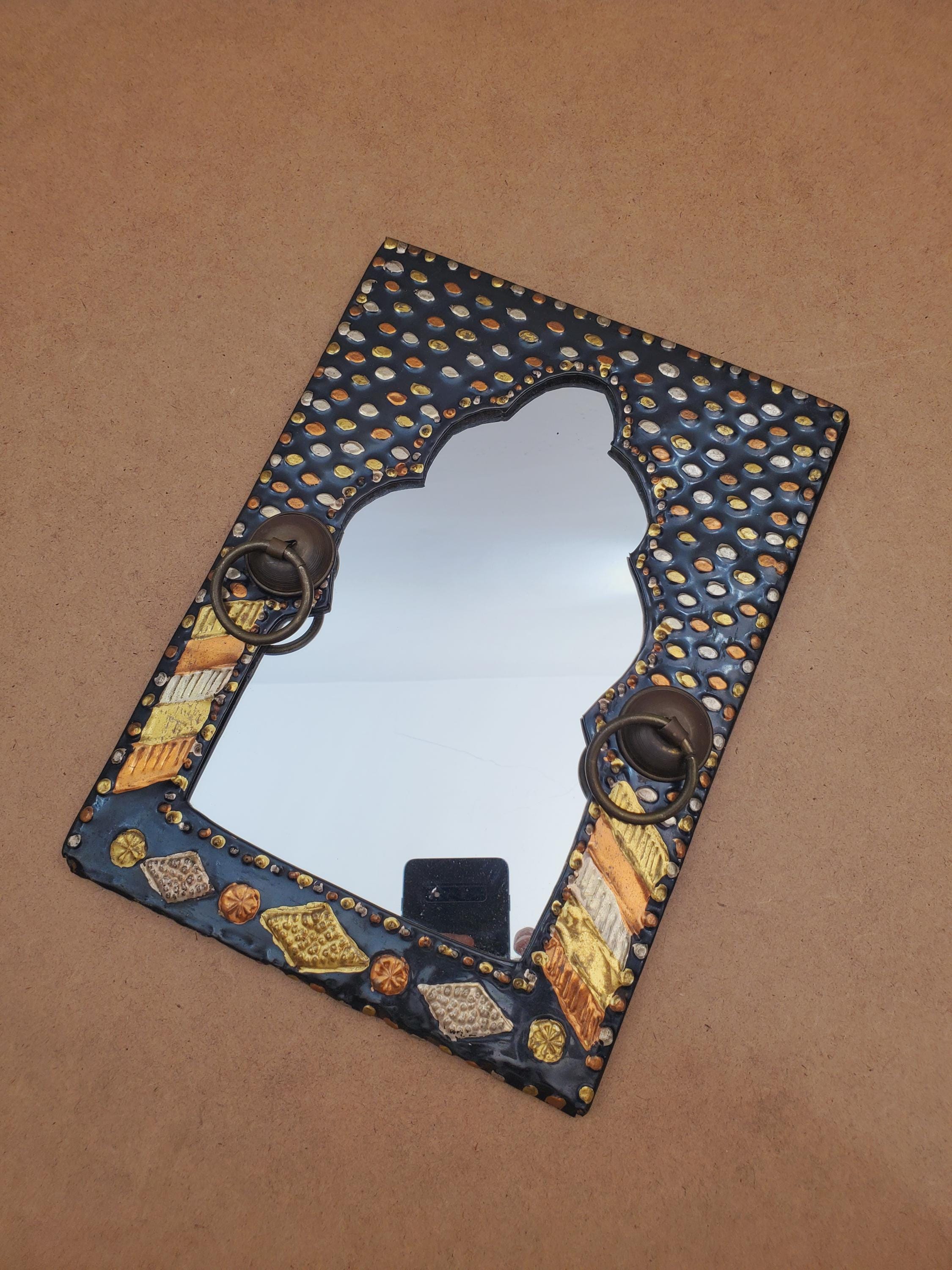 ヴィンテージ モロッコ 壁掛けミラー 真鍮 銅 銀 金属 ガラス 一点物