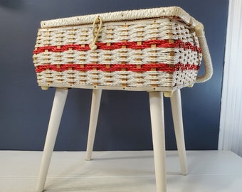 1950s Sewing Box or Basket Basketware Woven Wicker Wood and Plastic, with yellow Satin Lining