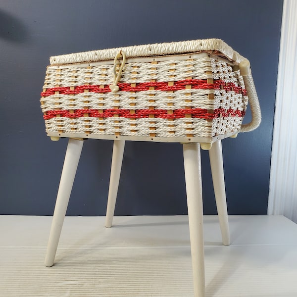 1950s Sewing Box or Basket Basketware Woven Wicker Wood and Plastic, with yellow Satin Lining