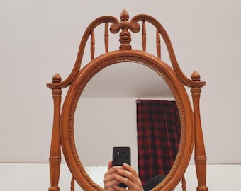 Vintage Wood Tabletop Vanity Mirror | Oval Makeup Mirror, Handmade Mirror, Traditional Decor Vintage Wooden Vanity Mirror | Shaving Mirror