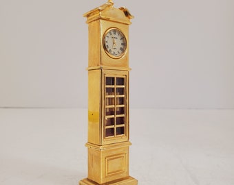 Vintage Churchill Novelty Miniature Solid Brass Classic Clock, Grandfather Quartz Clock - Vintage Gold Plated Mini Grandfather Clock