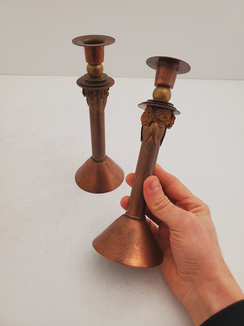 Vintage Brass Candlesticks , Solid Brass Candle Holders, Sold together , Brass Wedding Decor, Antique Brass set of tow zdjęcie 9