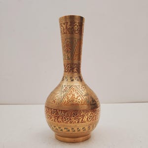 Vintage Etched Flower Pattern Brass Vase - Aged Vintage Patina - Made in India - Vintage Hand-Etched Brass Vase, Floral Brass Vase