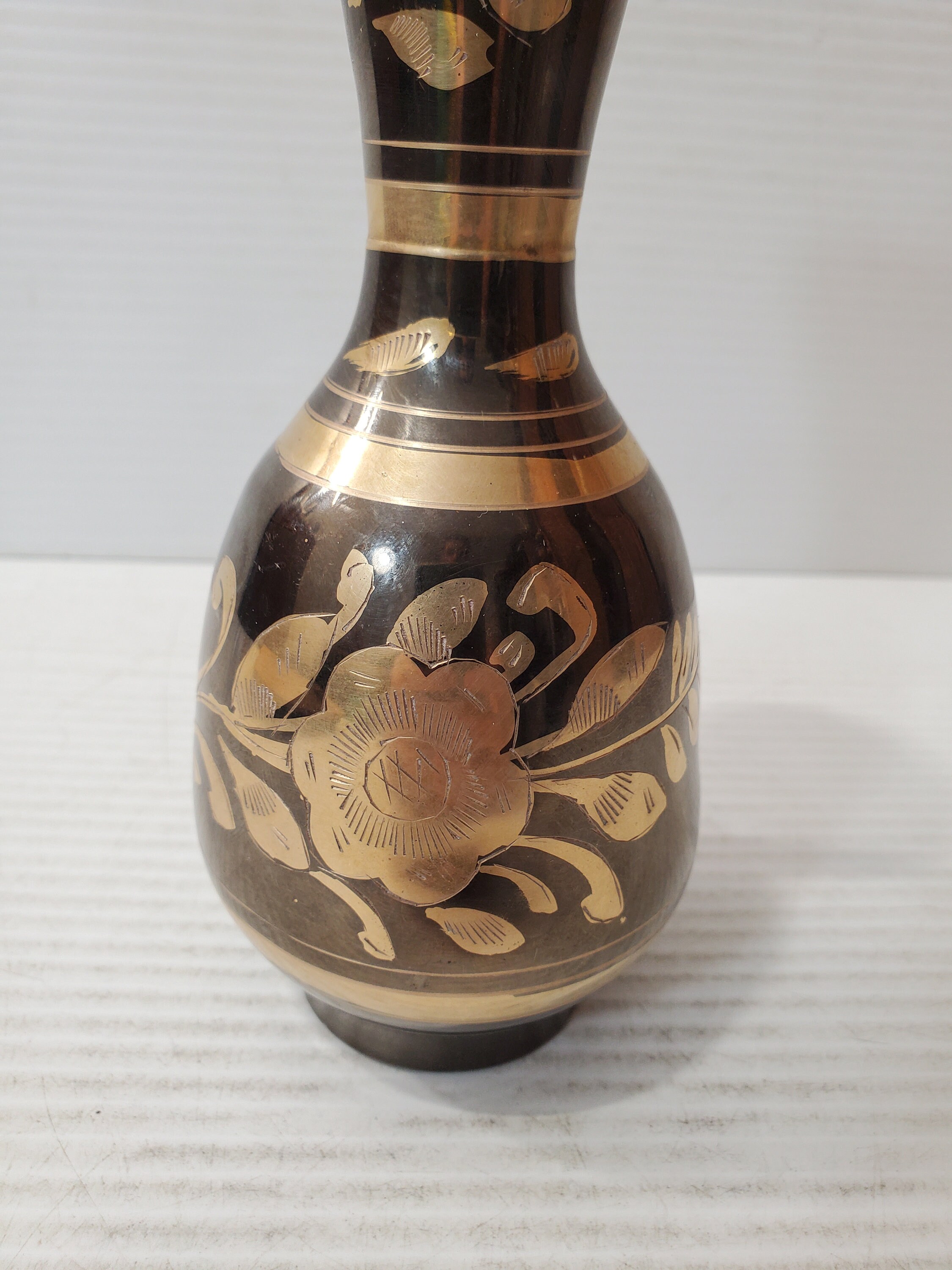 Vintage Etched Brass Vase With Flowers Design Etsy