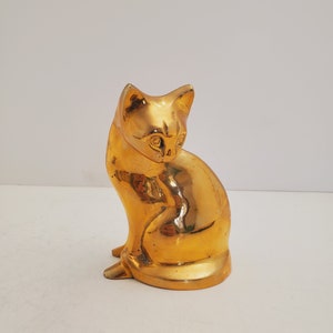 Vintage Solid Brass Cat Figurine - Attractive Aged Metal Patina - Mid Century Modern Cat - Made In Korea