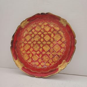 Vintage Italian Florentine Tray, Made in Italy red and Gold Tray, Ornate Serving Drinks Tray  Round