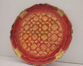 Vintage Italiaans Florentijns dienblad, rood en goud made in Italy dienblad, sierlijke ronde serveerschaal