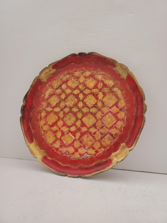 Vintage Italian Florentine Tray, Made in Italy red and Gold Tray, Ornate Serving Drinks Tray  Round