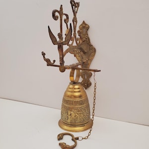 Antique bronze monastery bell doorbell with angel 1940s Vocem meam audit Qui metangit antique doorbell with chain | antique monastery bell