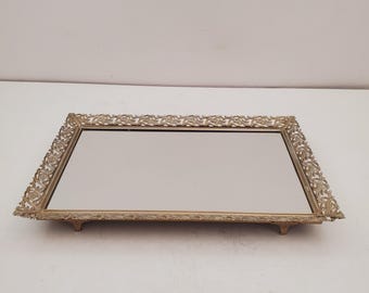 Vintage metal Tray Centerpiece, Mirror ,rectangular Display Tray, Tray For Decor, Spelter Mirrored Tray, Cosmetics and Jewelry Tray