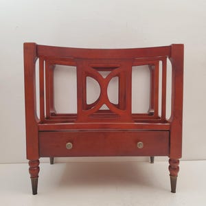 Vintage Mahogany Bombay Compony Magazine Rack Newspaper Holder with Drawer - Antique sheet music cabinet or English magazine rack .