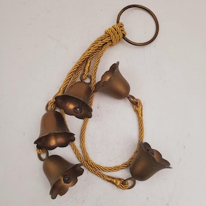Vintage brass Bells on a Rope, 5 Handmade Jingle Bells, Rustic Decor, Metal Decorative Bells