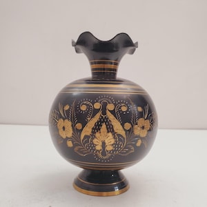 Vase, Brass, Black Flowers, Floral, Made in India, Metal, Vintage