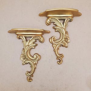 Vintage Rococo Style Wall Bracket Shelves, Carved Wood Gold Gilded, Set of 2, Rustic Shelf - Wall Mounted - Bracket Wall Shelf Display Shelf