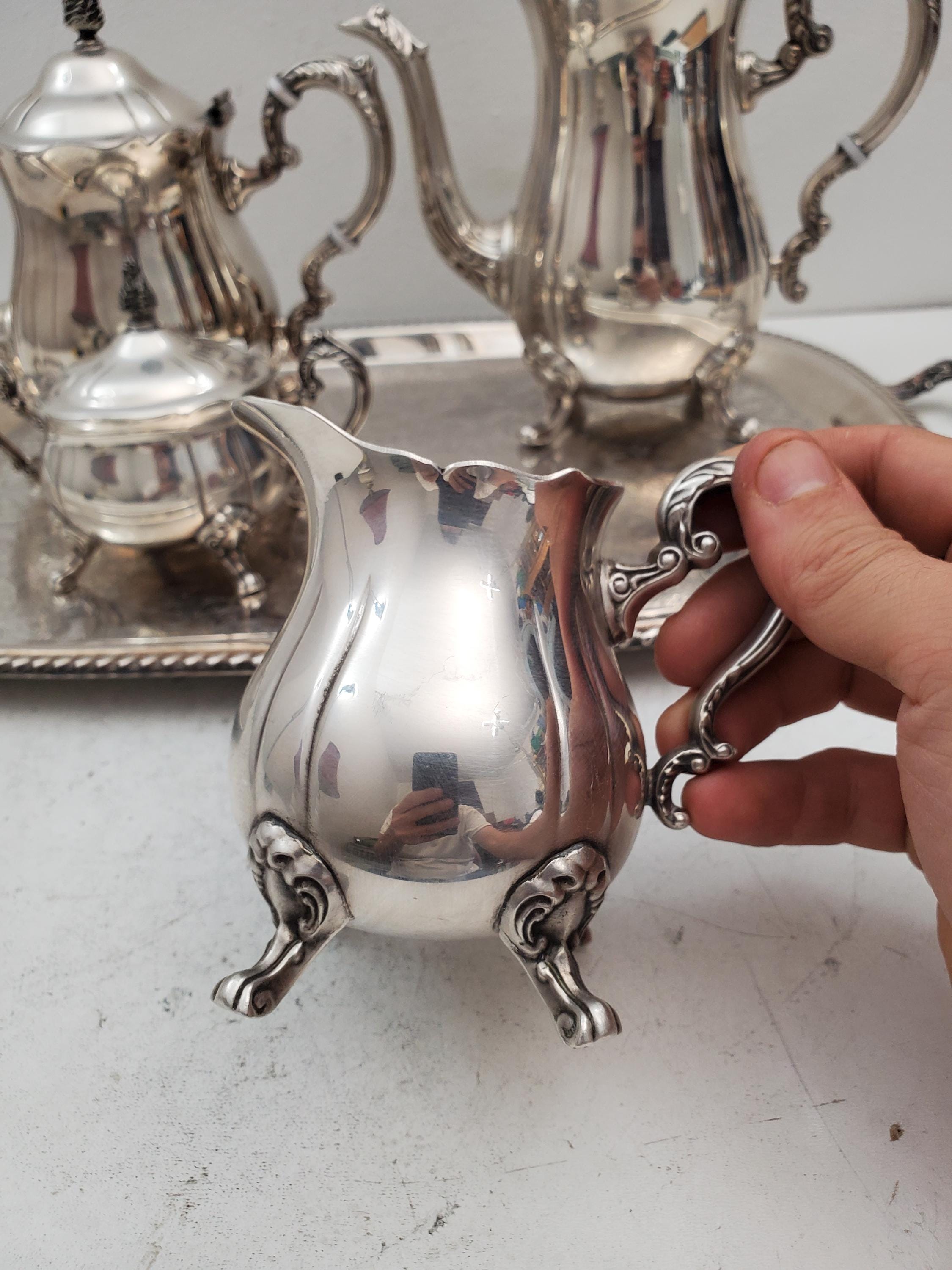 シルバーティーセット 4点 - シルバープレートトレイ 脚付きティー