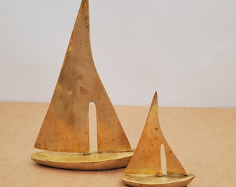 Vintage Brass Ship Boat Yacht Statue, Boat Ship Collector, Father's Day Gift, Nautical Brass Sailboat Figurine, Nautical Decor - set of tow