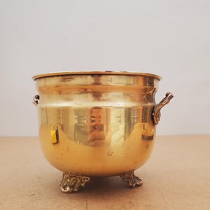 May include: A polished brass cauldron, golden in colour, with decorative handles and feet. The round pot has a wide opening and a curved body. The surface reflects the surroundings, creating a warm aesthetic. The cauldron is likely used for decorative purposes.