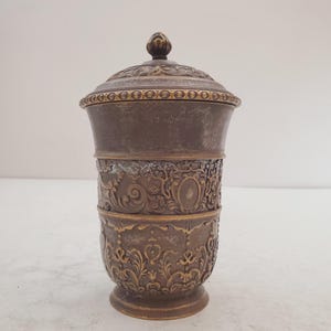 Vintage Ornate Solid Brass Lidded Jar Cup Candle Holder - antique italian mid century brass urn. italian pot with vintage solid brass lid.