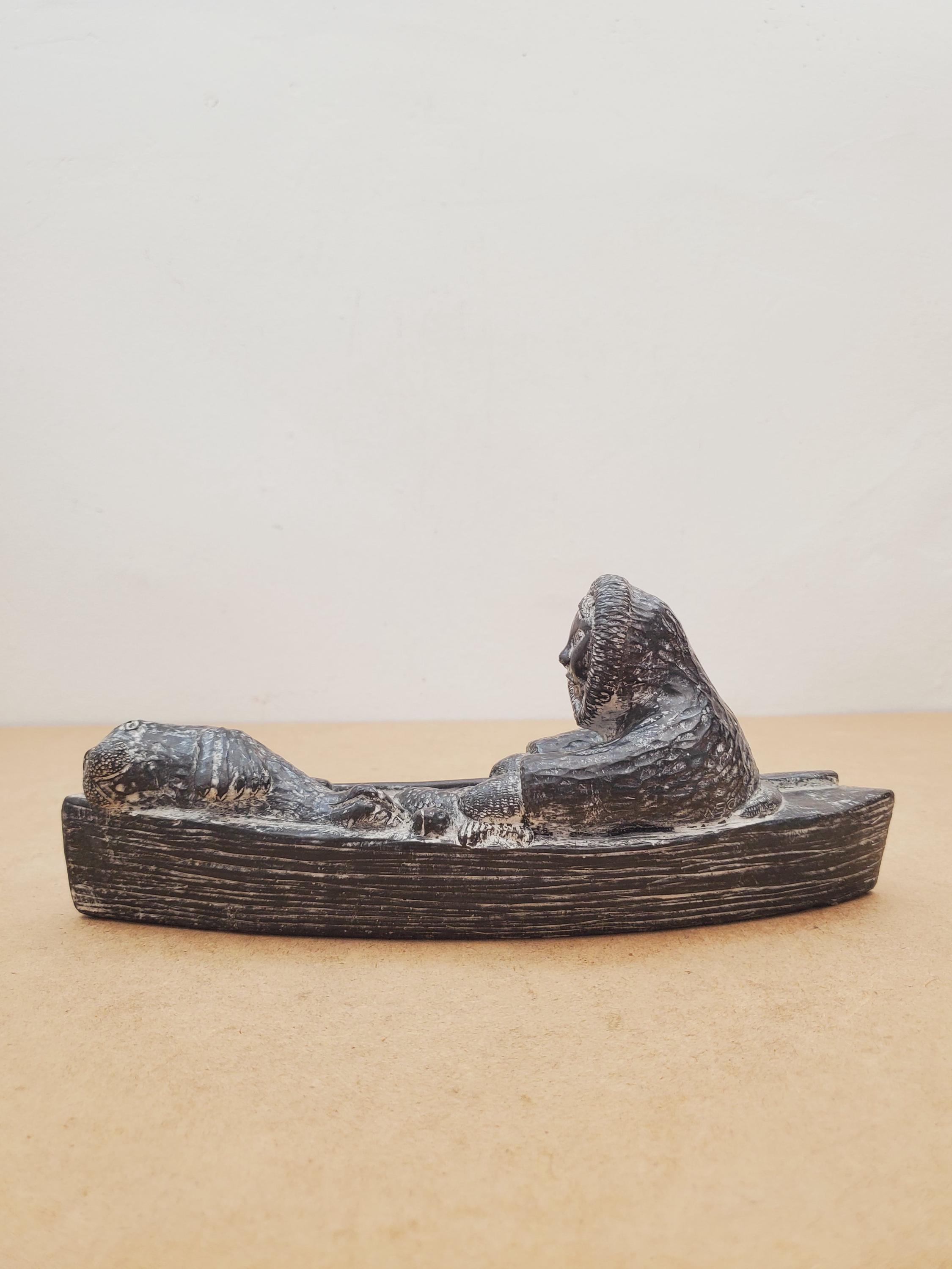 Inuit Art Figurine, Canadian Inuit Man in Kayak Hunting Seals