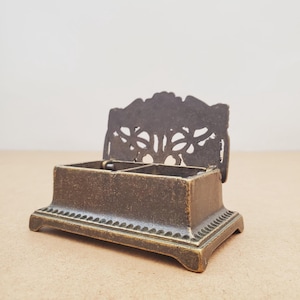 Vintage Style Brass Stamp Holder Hinged Lid Ornate Brass Box Desk Accessory