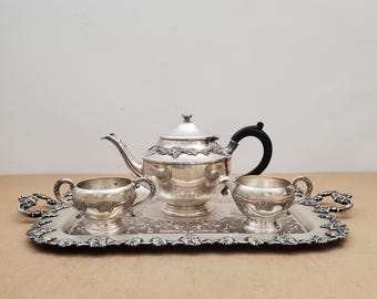 Silver Tea Set 4pc - Silverplate Tray Footed Tea/Coffee Pots ,Antique Vintage Silver Teapot 1940s  Silver, Bed Breakfast , Victorian Wedding