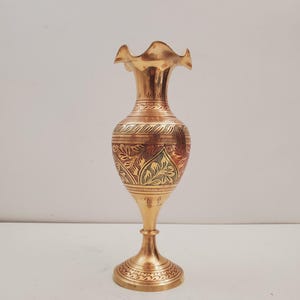 Vintage Etched Flower Pattern Brass Vase - Aged Vintage Patina - Made in India - Vintage Hand-Etched Brass Vase, Floral Brass Vase