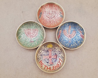 Vintage Brass Plates,small Brass Plate, Carved Trincket Plate, Carved Brass Plate, brass decor - set of 4 Jerusalem Plate Brass Bowl Colored
