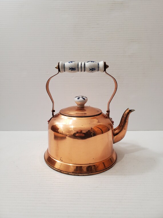 Vintage Copper Stovetop Tea Kettle Delft Blue Porcelain Handle Etsy