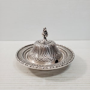 Vintage handcrafted engraved brass silver plated butter bowl - india 1960s. Home decor. Butter dish. Retro dish