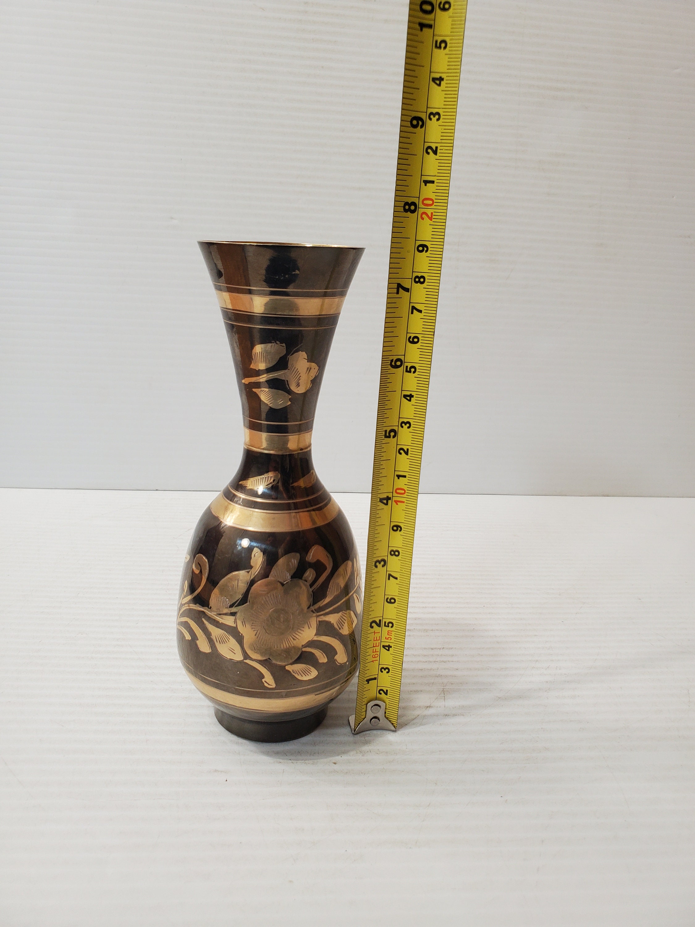 Vintage Etched Brass Vase With Flowers Design Etsy