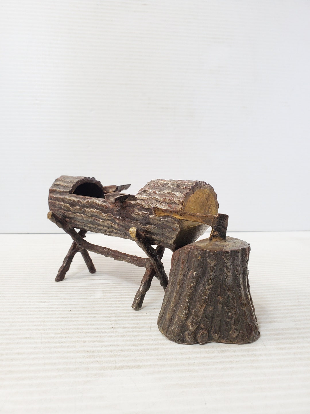 Antique Cast Heavy Metal Lumberjack Ashtray, Cast Metal Folk Art Lumber