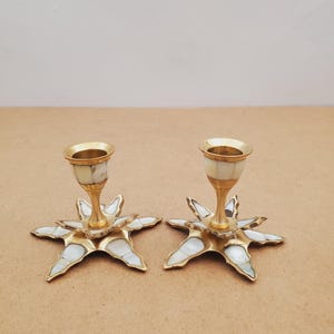 Vintage Mother of Pearl Brass Candle Holder , brass with Mother of Pearl, set of tow Candleholder, , Alter, Witchcraft, Decor Candlestick