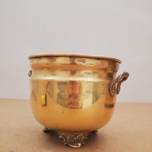 May include: A polished brass planter, featuring a rounded body and decorative feet. The planter has two ornate handles and a wide opening. The brass reflects light, creating a warm glow. This vintage piece is ideal for displaying plants or as a decorative accent in a home.