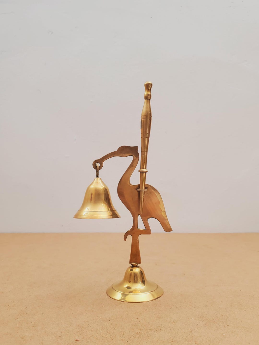 Vintage Etched Brass Bell on Bird Shaped Stand With Mallet for Ringing ...
