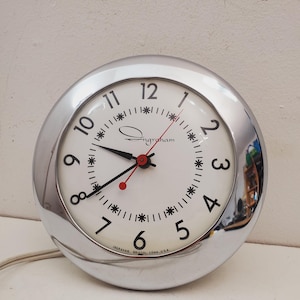 Vintage Mid Century Chrome Wall Clock Wafer Wall clock Kitchen clock - Vintage MCM Ingraham Wall Clock Chrome Round Mid Century Electric
