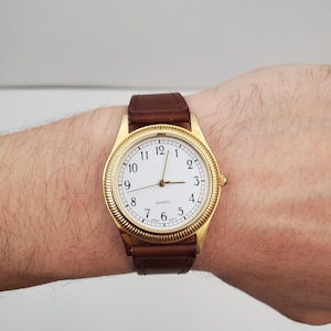 Classic vintage gold watch with numerals dial - gold tone with white dial womens watch - Men Watch