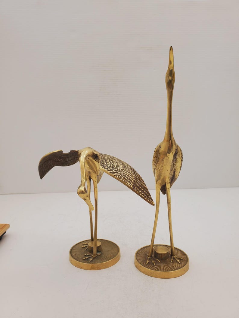 Large Pair Vintage Brass Crane Figurines Mid Century Bird Decor Heron