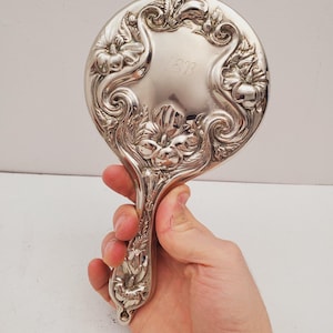 Vintage Marilyn Monroe Silver Plated Hand Mirror. Floral Art Nouveau Style Hand Held Mirror, Dressing Mirror. Vanity Mirror. Circa 1940&#39;s
