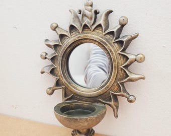 Espejo de pared con forma de sol y portavelas, acabado gris patinado con efecto rayos de sol, arte de pared retro - Espejo de pared vintage con forma de sol