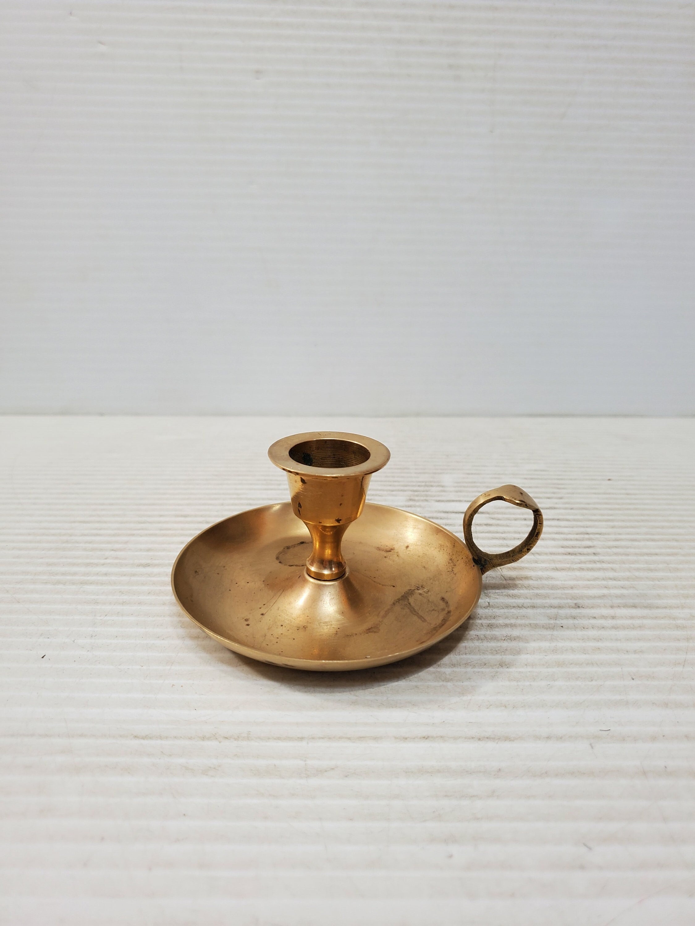 Charming Vintage Brass Chamber Stick Candle Holder With Finger Loop 
