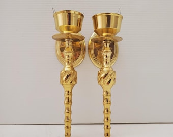 Vintage Shiny Brass Wall Candle Sconces - Set of 2 - Made in India - Heavy - Vintage 1980s